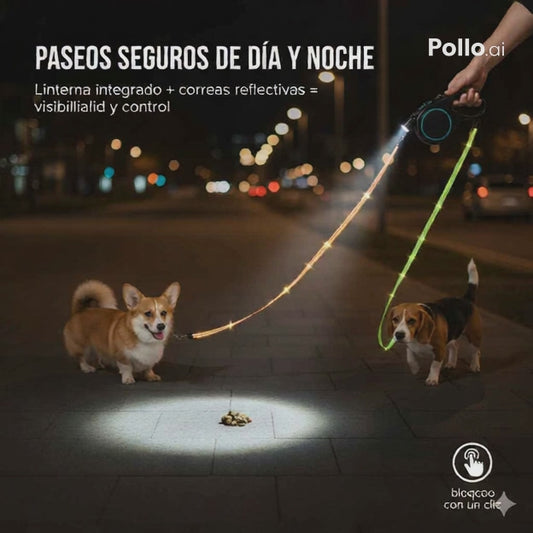 CORREA DOBLE RETRACTIL 360° LINTERNA Y DISPENSADOR DE BOLSAS PARA PERROS